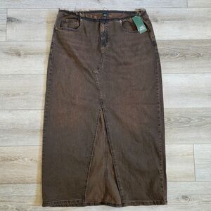 Wild Fable Skirt Brown Distressed Maxi Denim Front Slit Low Rise Western Sz 17